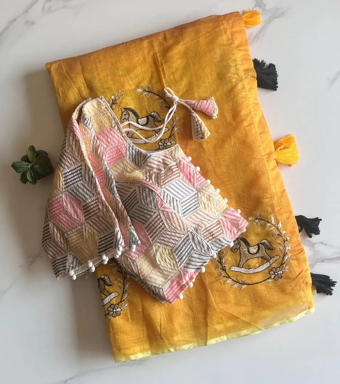 Magenta Pink Horse Embroidered Khadi Cotton Saree